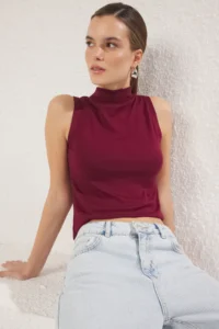 TRENDYOLMİLLA Burgundy Dog collar Zero Sleeve Super Flexible Regular Size Knitting Blouse - Image 2