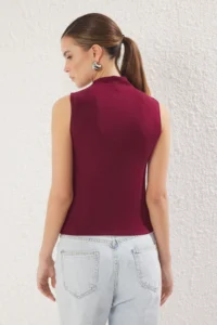 TRENDYOLMİLLA Burgundy Dog collar Zero Sleeve Super Flexible Regular Size Knitting Blouse - Image 5