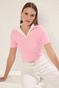 TRENDYOLMİLLA Pink Weaving Detailed Regular/Normal Pattern Knitting Blouse