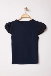 TRENDYOLMİLLA Navy Blue Weaving Detailed Fitted Balloon Sleeve Knitting Blouse - Image 5