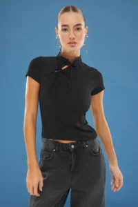 TRENDYOLMİLLA Black Dog collar Binding Detailed Flexible Knitting Blouse - Image 2