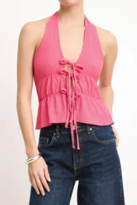 TRENDYOLMİLLA Fuchsia Printed V-neck Binding Detailed Knitting Blouse - Image 3