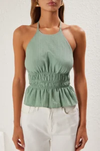 TRENDYOLMİLLA Khaki Backless Weaving Blouse with Binding Detail - Image 3