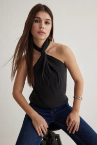 TRENDYOLMİLLA Black Modal Barbell Collar Neck Knotted Weaving Blouse