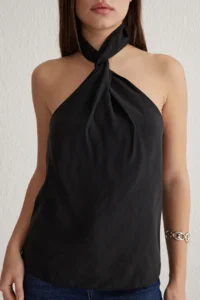 TRENDYOLMİLLA Black Modal Barbell Collar Neck Knotted Weaving Blouse - Image 3