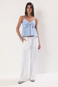TRENDYOLMİLLA Light Blue linen look Bow Detailed Sleeveless Weaving Blouse