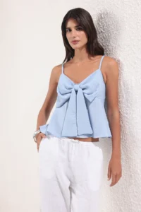 TRENDYOLMİLLA Light Blue linen look Bow Detailed Sleeveless Weaving Blouse - Image 2