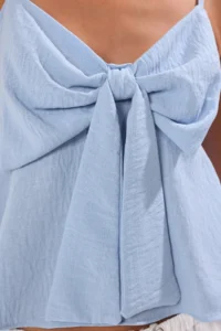 TRENDYOLMİLLA Light Blue linen look Bow Detailed Sleeveless Weaving Blouse - Image 3