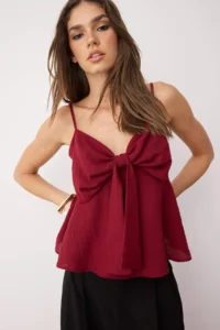 TRENDYOLMİLLA Dark Rejection linen look Bow Detailed Sleeveless Weaving Blouse - Image 2