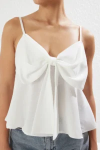 TRENDYOLMİLLA White linen look Bow Detailed Sleeveless Weaving Blouse - Image 2