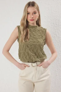 TRENDYOLMİLLA Khaki textured Regular/Normal Pattern Flexible  Knitting Blouse