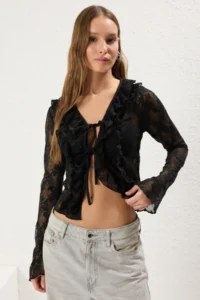 TRENDYOLMİLLA Black Lace Fitted/Drape and Binding Detailed Flexible Knitting Blouse - Image 2