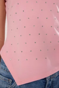 TRENDYOLMİLLA Pink Stoned Asymmetric Fitted Knitting T-Shirt - Image 3