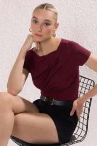 TRENDYOLMİLLA Burgundy Drape Detailed Fitted Knitting Blouse - Image 2