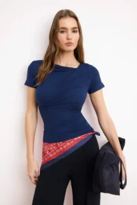 TRENDYOLMİLLA Navy Blue Drape Detailed Fitted Knitting Blouse