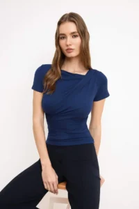 TRENDYOLMİLLA Navy Blue Drape Detailed Fitted Knitting Blouse - Image 2