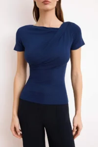 TRENDYOLMİLLA Navy Blue Drape Detailed Fitted Knitting Blouse - Image 3