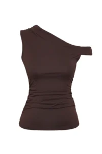 TRENDYOLMİLLA Brown Asymmetric Collar Drape Detailed Fitted Knitting Blouse - Image 5