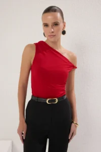 TRENDYOLMİLLA Rejection Asymmetric Collar Drape Detailed Fitted Knitting Blouse