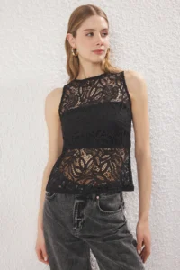 TRENDYOLMİLLA Black Lace Regular/Normal Pattern Knitting Blouse