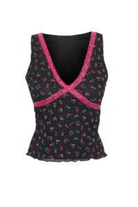 TRENDYOLMİLLA Black Tulle Cherry Printed V-neck Fitted Knitting Blouse - Image 5