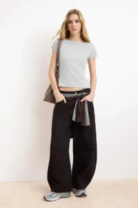 TRENDYOLMİLLA Gray Melange Boat Neck Fitted Cotton Flexible Knitting Blouse - Image 2