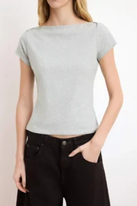 TRENDYOLMİLLA Gray Melange Boat Neck Fitted Cotton Flexible Knitting Blouse - Image 3