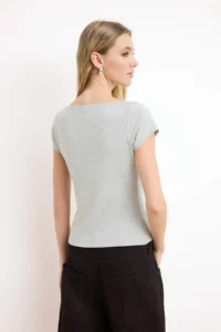 TRENDYOLMİLLA Gray Melange Boat Neck Fitted Cotton Flexible Knitting Blouse - Image 4