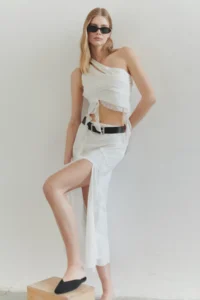 TRENDYOLMİLLA Ecru Asymmetric Collar Cut Out and Ruffle Detailed Lined Tulle Knitting Blouse