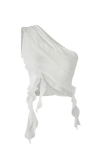 TRENDYOLMİLLA Ecru Asymmetric Collar Cut Out and Ruffle Detailed Lined Tulle Knitting Blouse - Image 3