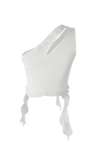 TRENDYOLMİLLA Ecru Asymmetric Collar Cut Out and Ruffle Detailed Lined Tulle Knitting Blouse - Image 4