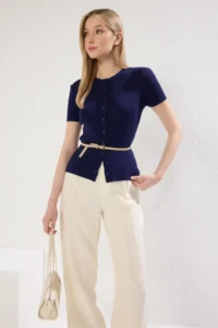 TRENDYOLMİLLA Navy Blue Crew Neck Thin Blouse - Image 3