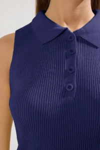 TRENDYOLMİLLA Navy Blue Polo Shirt Collar Ribbed Knitwear Thin Blouse - Image 3