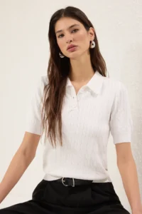 TRENDYOLMİLLA Ecru Polo Shirt Collar Braided Premium Yarn / Special Yarn Knitwear Thin Blouse - Image 3