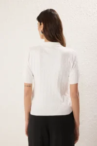TRENDYOLMİLLA Ecru Polo Shirt Collar Braided Premium Yarn / Special Yarn Knitwear Thin Blouse - Image 6