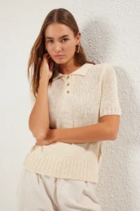 TRENDYOLMİLLA Stone Brümer İplik Polo Shirt Collar Thin Blouse