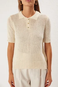 TRENDYOLMİLLA Stone Brümer İplik Polo Shirt Collar Thin Blouse - Image 3