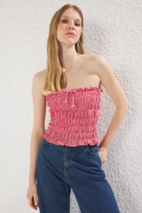 TRENDYOLMİLLA Rejection Bow Detailed Fitted Strapless Gingham Weaving Blouse - Image 2
