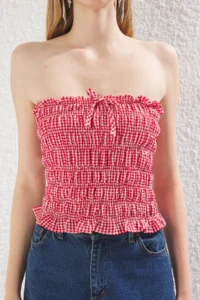 TRENDYOLMİLLA Rejection Bow Detailed Fitted Strapless Gingham Weaving Blouse - Image 4