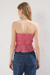 TRENDYOLMİLLA Rejection Bow Detailed Fitted Strapless Gingham Weaving Blouse - Image 5