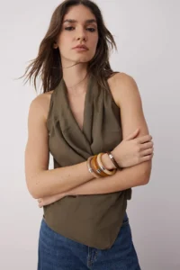 TRENDYOLMİLLA Khaki Modal Double breasted Weaving Blouse - Image 2