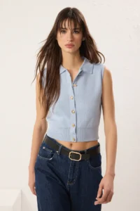 TRENDYOLMİLLA Light Blue Polo Shirt Collar Premium Yarn / Special Yarn Knitwear Thin Blouse