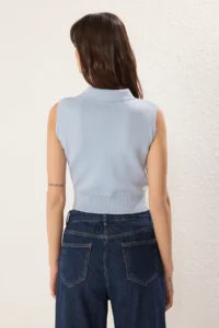 TRENDYOLMİLLA Light Blue Polo Shirt Collar Premium Yarn / Special Yarn Knitwear Thin Blouse - Image 4
