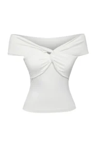 TRENDYOLMİLLA Ecru Carmen Collar Knot Detailed Fitted Knitting Blouse - Image 5