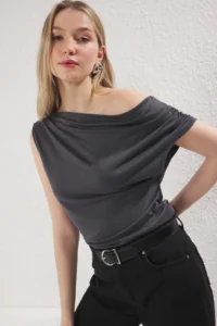 TRENDYOLMİLLA Anthracite More Sustainable Modal Flowy Fabric Fitted Asymmetric Collar Knitting Blouse - Image 2