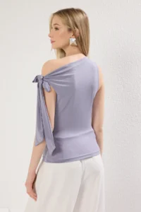 TRENDYOLMİLLA Gray Asymmetric Yaka Binding Detailed Flexible Knitting Blouse - Image 4