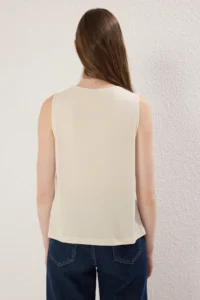 TRENDYOLMİLLA Stone More Sustainable Modal Flowy Fabric Regular Pattern Pleated Knitting Blouse - Image 6