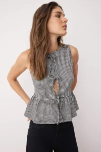 TRENDYOLMİLLA Black Gingham Patterned Binding Detailed Sleeveless Flexible Knitting Blouse - Image 2
