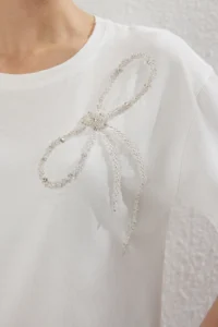 TRENDYOLMİLLA Ecru Bow Stone Detailed Regular/Normal Pattern Knitting Blouse - Image 3