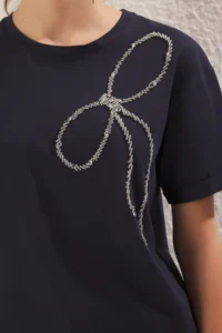 TRENDYOLMİLLA Navy Blue Bow Stone Detailed Regular/Normal Pattern Knitting Blouse - Image 4